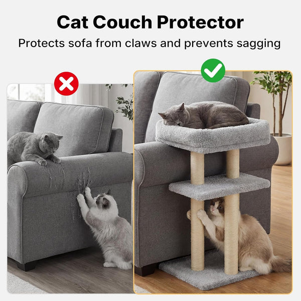 Veehoo Cat Perch with Cat Scratching Post, Couch Corner Protector for Cats | Tall Scratch Post with Cats Bed for Indoor Cats, Size S Fits 23"–24" High Sofa Armrest2