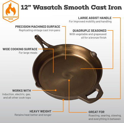 12 Inch Smooth Wasatch Pre-Seasoned round Cast Iron Skillet4