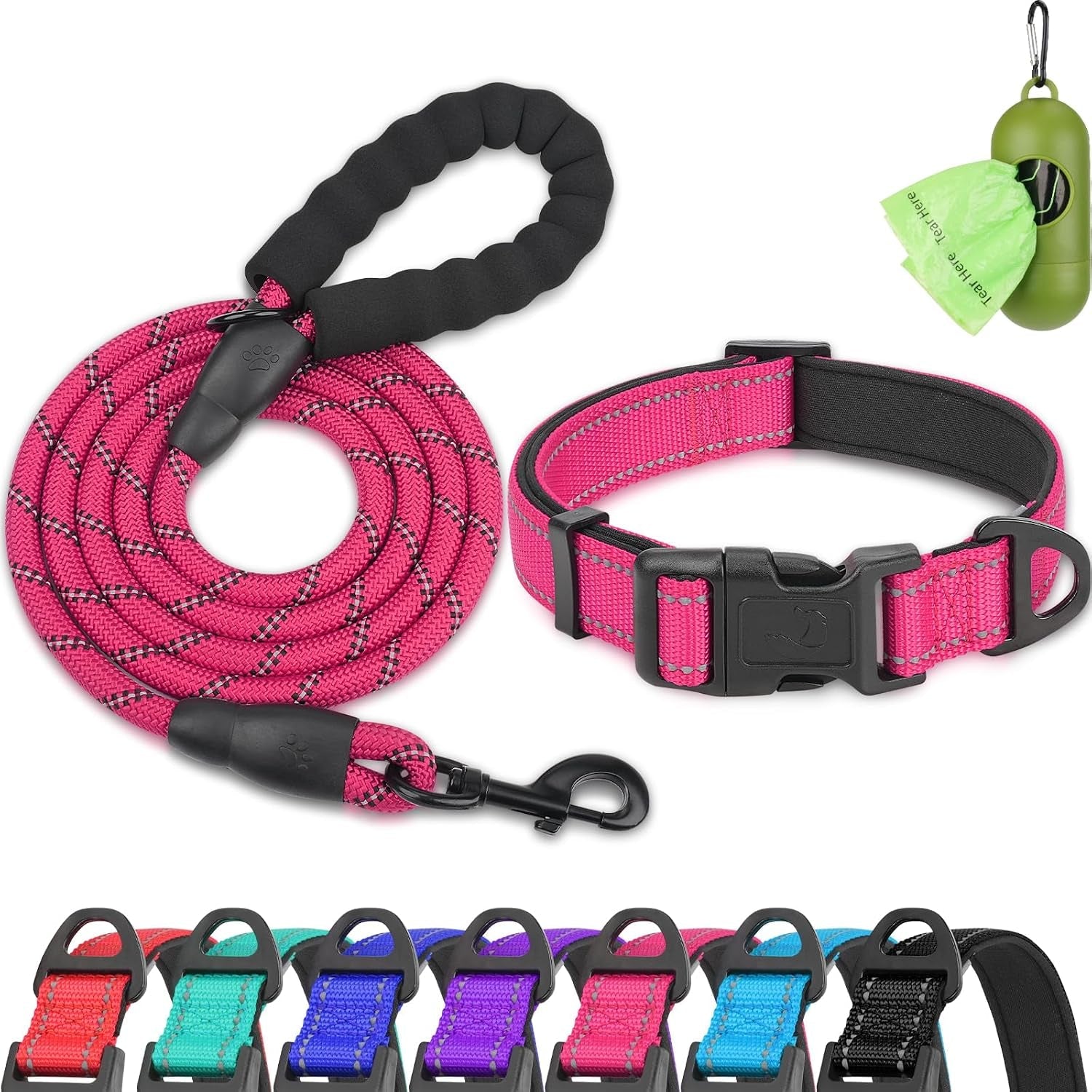 dynmeow-reflective-dog-collar-and-leash-set-for-large-dogs-teal-soft-neoprene-padded-6ft-climbing-rope-ideal-for-daily-outdoor-walking-or-indoor-wearing-night-visible-for-safety