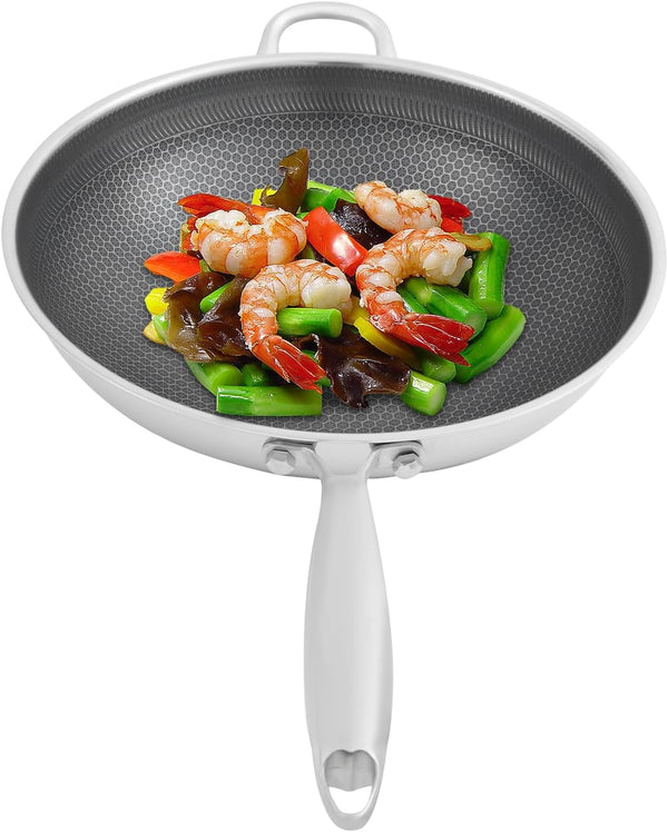 Stainless Steel Honeycomb Wok 14.2" SUS316, Stir-Fry Pan with Tempered Glass Lid & Nonstick Surface, 7-Layer Induction Compatible Frying Pan for Home & Restaurant1
