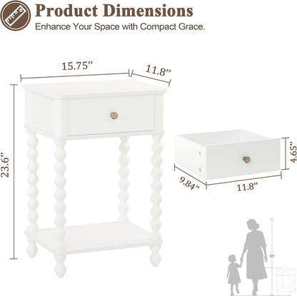 White Nightstand, Small Side Table with Drawer for Living Room, Farmhouse End Bedside Table with Spindle Wood Legs for Bedroom, Office, White3