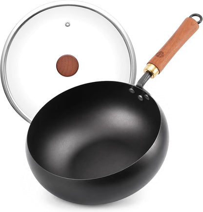 9.5-Inch Carbon Steel Wok with Lid, Flat Bottom Stir Fry Pan | Deep 3.5 QT Bowl for 1–2 Servings; Smooth Carbon Steel Surface; Flat Base for Induction, Gas, Electric and Ceramic Cooktops1