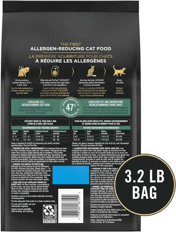 Purina Pro Plan Allergen Reducing, Sensitive Skin & Stomach, High Protein Cat Food, LIVECLEAR Turkey and Oatmeal Formula - 3.2 Lb. Bag9