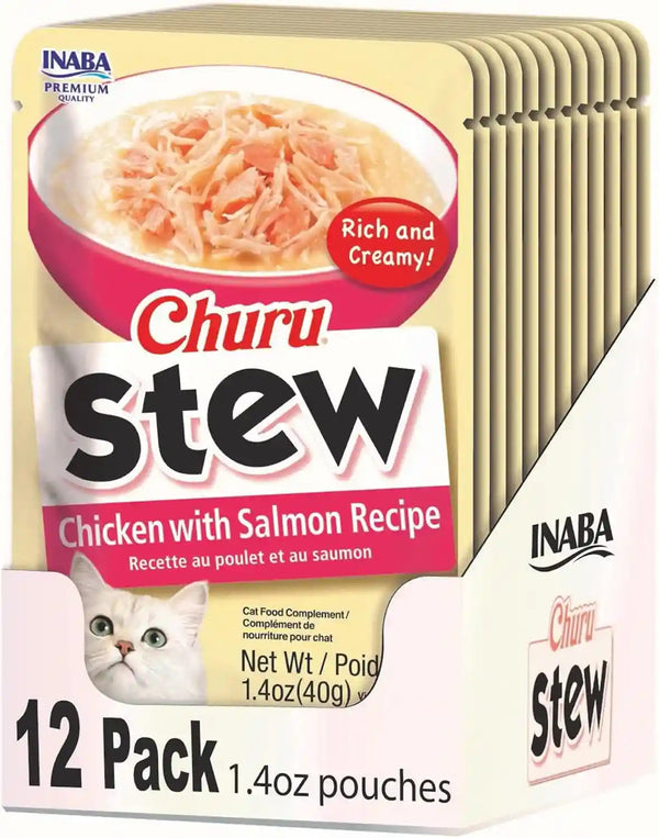 INABA Churu Stew for Cats, Side Dish Pouch with Vitamin E, 1.4 Ounces per Pouch, 12 Pouches, Chicken & Seafood Variety12