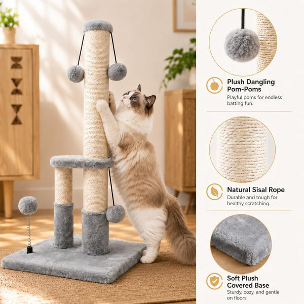Dimaka Tall Cat Scratching Post, Double Lower Posts Extra Stable Cat Post Tree Scratcher with Sisal Rope and Teasing 4 Balls Total Large Base (Grey)3