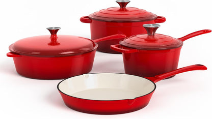 Enameled Cast Iron Cookware Set, 7 Piece Induction Dutch Oven Set with Lid, Red Pots and Pans Set Nonstick, PFOA&PFAS Free1