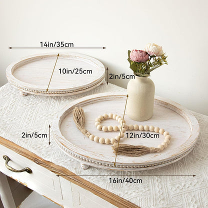 Farmhouse Oval Wooden Decorative Trays Set of 2, Distressed White Solid Wood Beaded Trays for Coffee Table, Kitchen Counter, Ottoman & Dining Table Centerpiece Decor3