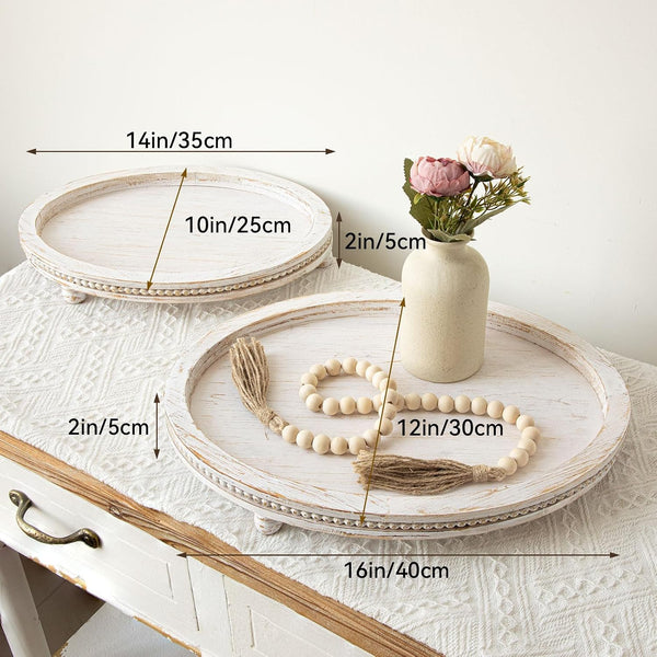 Farmhouse Oval Wooden Decorative Trays Set of 2, Distressed White Solid Wood Beaded Trays for Coffee Table, Kitchen Counter, Ottoman & Dining Table Centerpiece Decor3