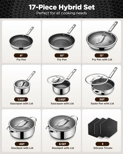 Pots and Pans Set Hybrid Stainless Steel, 17PC Nonstick Tri-Ply Cookware Set W/Frying Pan, Dishwasher & Oven Safe, Pfoa-Free, Metal Utensil Safe, Suitable for All Cooktops2