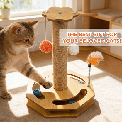 Cat Scratching Post with Vertical Scratcher and Tracking Interactive Toy for Kittens,4 in 1 Cat Scratcher Toy with Cat Ball Tracks,16.6" Tall with Interactive Feather6
