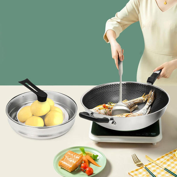 Stainless Steel Wok Pan Stir-Fry Wok Non Stick Frying Pan Honeycomb Skillet with Handle Lid for Gas Stove, Induction Cooker Ceramic Stove, Silver Black (13In-With Steamer Basket)3