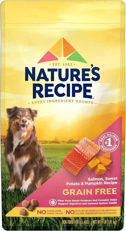 Nature'S Recipe Grain Free Easy to Digest Salmon, Sweet Potato and Pumpkin Recipe Dry Dog Food, 4-Pound | Fiber from Sweet Potatoes & Pumpkin Helps Support Digestion and Immune System Health1