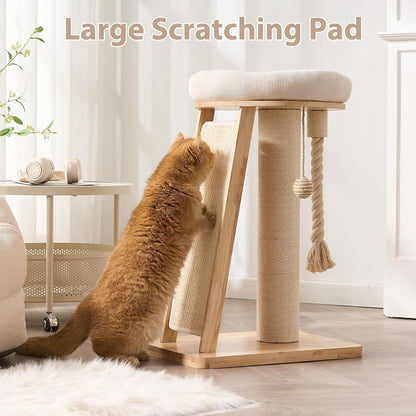 Modern Cat Tree Small Tower with Scratching Post for Indoor, 28 Inch Solid Wood Multifunctional Corner Cat Tree Tower with Bed, Dangling Ball,Interactive Rope, Scratching Board3