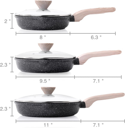 Nonstick Frying Pan Set with Lids, 3 Piece Skillet Set, Healthy Induction Cooking Pan, Stay-Cool Handle, Compatible with All Stovetops, PFOA Free (8, 9.5, 11 Inch)6
