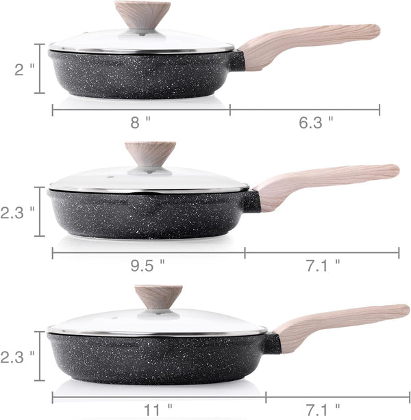 Nonstick Frying Pan Set with Lids, 3 Piece Skillet Set, Healthy Induction Cooking Pan, Stay-Cool Handle, Compatible with All Stovetops, PFOA Free (8, 9.5, 11 Inch)6