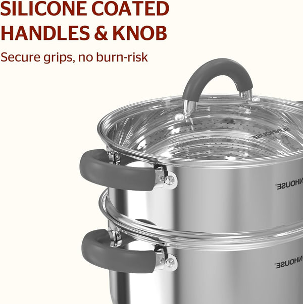 : 3 Quart Stainless Steel Steamer Pot - 2-Tier Cookware, Tempered Glass Lid, Stay-Cool Silicone Handles, 3-Ply Bottom, Dishwasher & Oven Safe | Steaming Pot with Glass Lid & Steamer Basket5