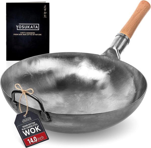 14” Silver Carbon Steel Wok with round Bottom | Suitable for Gas Stoves and Open Fires - Traditional Chinese Wok (Silver)1