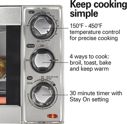 Countertop Toaster Oven & Pizza Maker Large 4-Slice Capacity, Stainless Steel (31401) | Bake, Broil, Toast | 30 Minute Timer | Automatic Shut off | 150 to 450ºf Adjustable Temp | Stainless Steel | 31401J5
