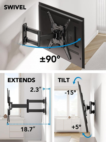 TV Wall Mount for Most 26 32 50 55-60 Inch Tvs, Full Motion TV Mount with Swivel, Tilt & Extension, Single Stud Wall Mount Bracket Holds up to 77 Lbs, Max VESA 400X400Mm, PIMF114
