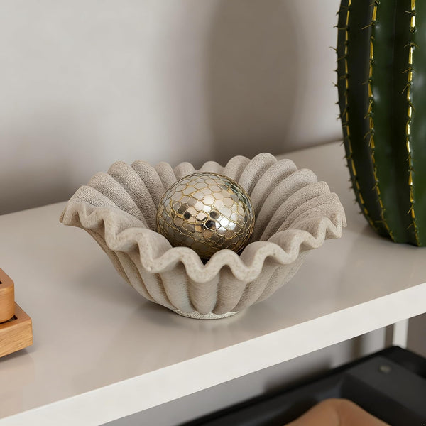 Small Decorative Bowl Decor, Scalloped Pedestal Bowls for Modern Home Decor,Ruffle Decor,Stylish Key Bowl for Entry Table,Decorative Fruit Bowl for Kitchen Counter,Artificial Stone Beige4