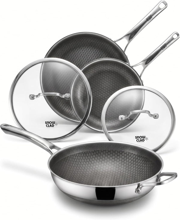 3-Piece Hybrid Stainless Steel Cookware Set-11.99 Inch Wok with Lid,10 Inch Frying Pan,11.99 Inch Skillet with Lid-Non Stick,Pfoa Free,Dishwasher&Oven Safe,Induction Compatible1
