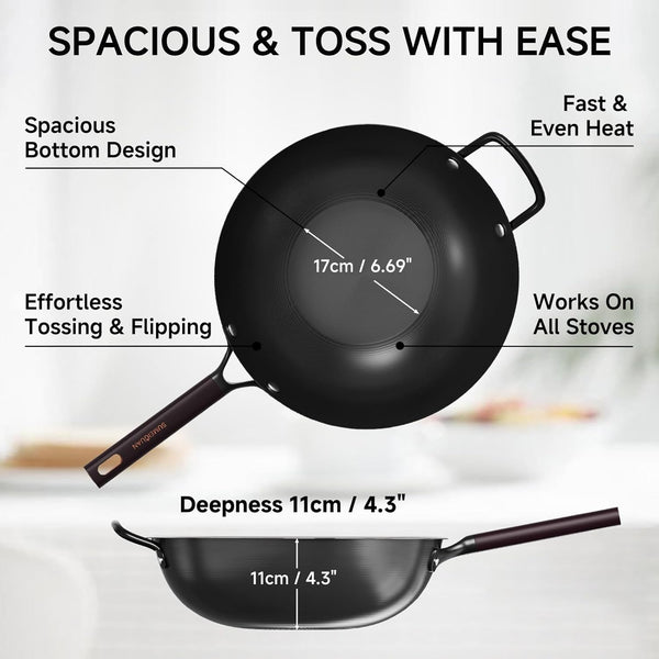 13.5" Carbon Steel Wok Pan - Pre-Seasoned Flat Bottom Woks & Stir-Fry Pans Chinese Cookware with Lid & Spatula - for Pan-Fry,Stir Fry, Steam, BBQ & Camping - Compatible with Induction, Gas2