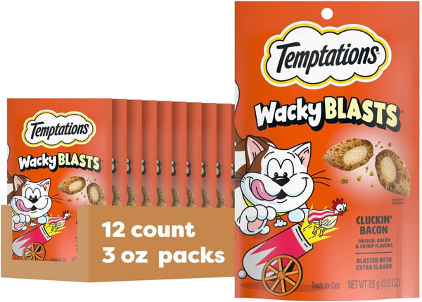 Temptations Wacky Blasts Cat Treats, Cluckin' Bacon Flavor, 6.3 Oz, 10 Pack | Chicken, Bacon & Catnip Flavor Bits, Crunchy Outside, Soft Inside, under 2 Cal, 100% Complete & Balanced, Resealable Pouch11