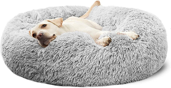 HACHIKITTY Calming Donut Cuddler Dog Bed, round Fluffy Pet Bed with Sewn-In Cushion for Large Dogs,Washable, Large, Taupe, 30''10