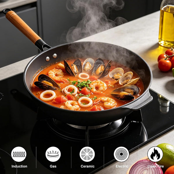 11.8-Inch Carbon Steel Wok, Pre-Seasoned with Advanced Nitriding Technology, Flat Bottom Stir Fry Pan, Lightweight Nonstick Surface, All Cooktops Compatible for Stir Fry, Pan-Fry, Steam, BBQ & Camping5