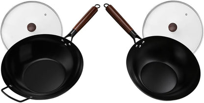 12-Inch/13-Inch Carbon Steel Wok Pan with Glass Lid Pre-Seasoned Flat Bottom Woks & Stir-Fry Pans Nonstick Compatible with Induction, Gas, Electric, Open Fire for Grill Camping1