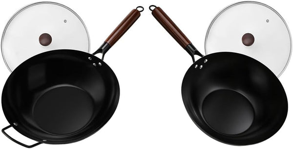 12-Inch/13-Inch Carbon Steel Wok Pan with Glass Lid Pre-Seasoned Flat Bottom Woks & Stir-Fry Pans Nonstick Compatible with Induction, Gas, Electric, Open Fire for Grill Camping1