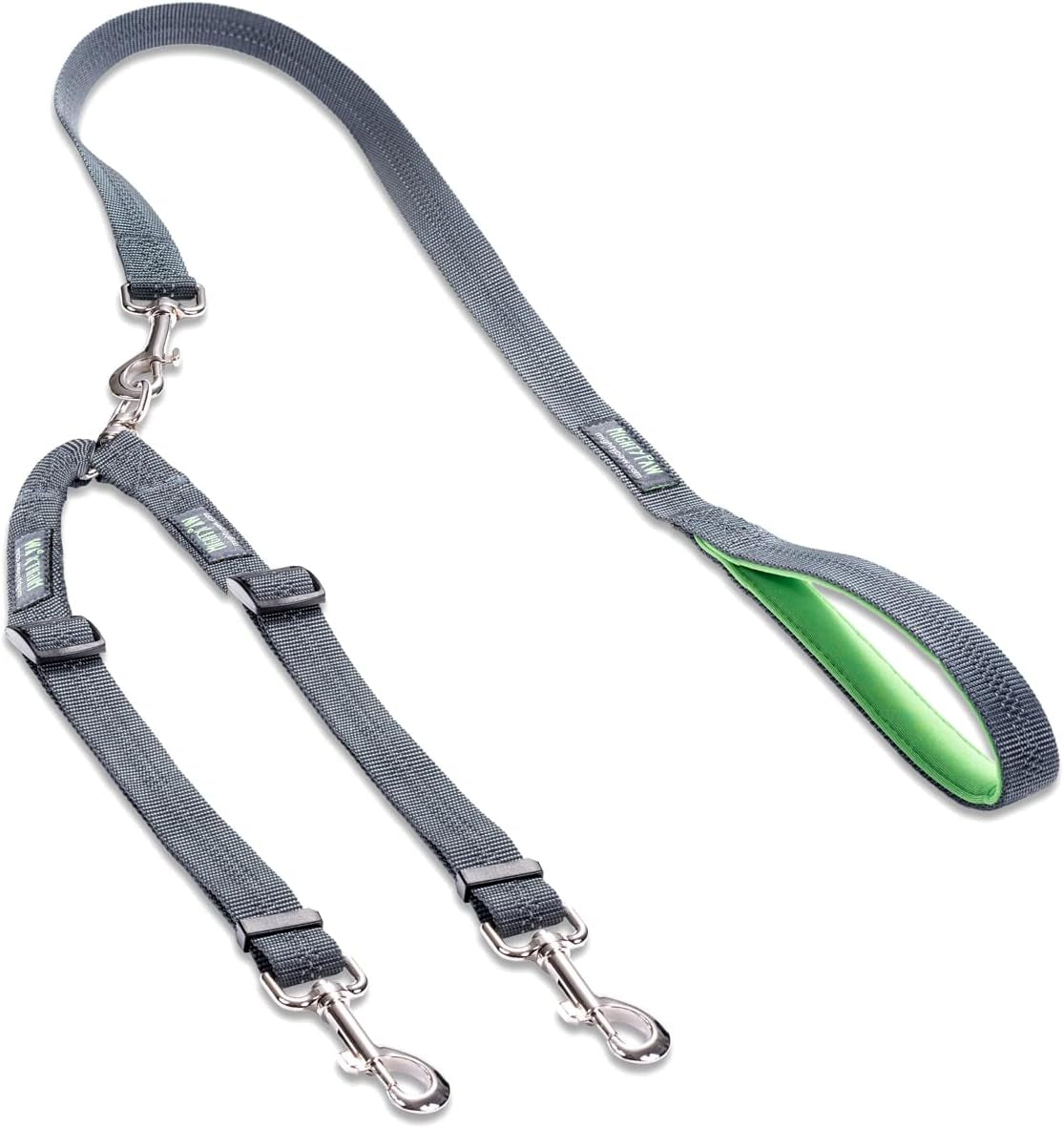 mighty-paw-double-dog-leash-no-tangle-adjustable-split-lead-for-two-dogs-fits-0-100-lb-16-24-in-range-reflective-stitching-waterproof-neoprene-padded-handle