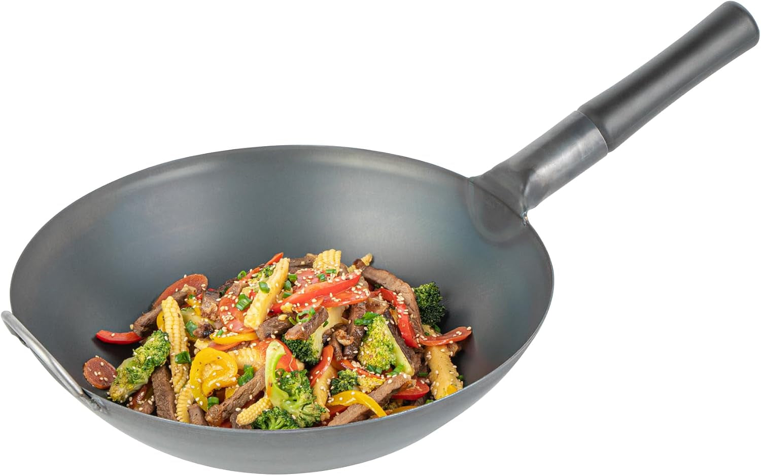 carbon-steel-wok-1-pack-of-13-3-inch-heavy-duty-uniform-heat-distribution-pan-induction-compatible-flat-bottom-wok-welded-handle-black-for-gas-stovetops-and-grills