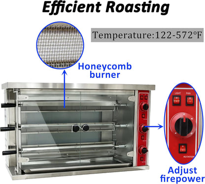 Vertical 3-Layer Rotating Chicken Roaster Commercial LPG Gas Rotisserie Oven 360° Stainless Steel 122-572°F Control 12-15 Chicken Capacity for Delis Stores Restaurant Kitchens 110V3