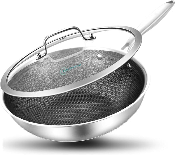 Hybird Nonstick Wok Pan with Lid | 10-Inch | Rivented Handle | Non Toxic | Tri-Ply Stainless Steel | Ceramic Coating | Stir Fry Pan | Induction Compatible | Dishwasher & Oven Safe1