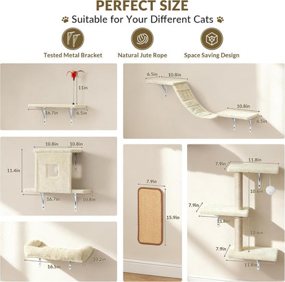 Cat Wall Shelves, 6 in 1 Cat Wall Furniture Set with Condos House, Bed, Bridge, Tree, Steps, Scratching Board, DIY Walls Playground for Indoor (Beige)3