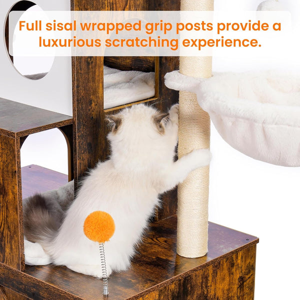 Heybly Cat Tree with Litter Box Enclosure for Indoor Big Cat, Cat Tower for Large Cats 20 Lbs Heavy Duty, Modern Cat Condo Furniture with Scratching Posts, Rustic Brown HCT110SR6