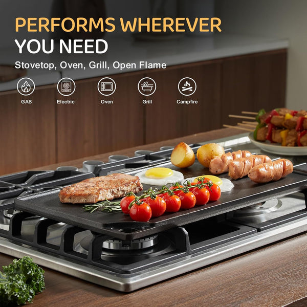 Reversible Grill/Griddle, 16.7X9.5'' Pre-Seasoned Cast Iron Griddle Pan, Double Burner Cookware, Rectangular Stovetop Griddle with Handles, Flat Top Plate for Oven, Grill & Campfire4