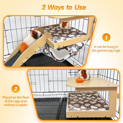 Guinea Pig Hideout，Natural Wood Removable Guinea Pig Bed, Small Animal Habitat with Hanging Hammock/Staircase/Cushion, Suitable for Small Animals to Hide, Rest, Play2