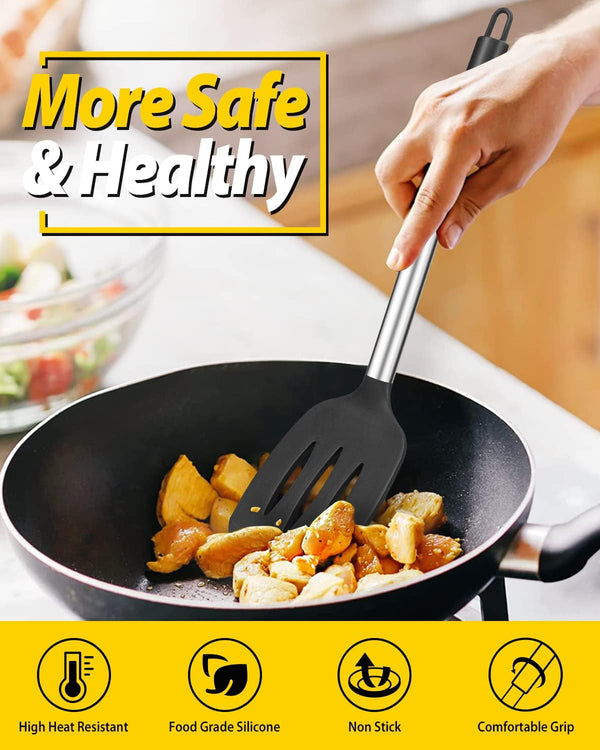 Pack of 4 Silicone Cooking Utensils Set, Non Stick Large Solid Spatulas, Heat Resistant Black Slotted Spoons, Ideal BPA Free Kitchen Turners for Frying, Mixing,Serving,Draining,Turning,Stirring4