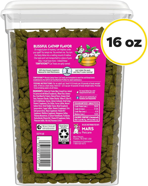 Temptations Classic Crunchy Cat Treats, Blissful Catnip, 16 Oz | under 2 Calories per Treat, Crunchy outside & Soft Inside, Resealable Tub, Snack or Food Topper, 100% Complete & Balanced10