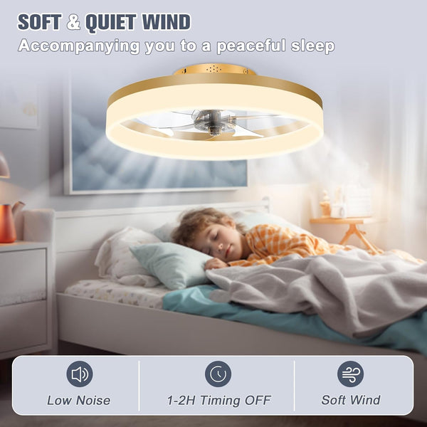Low Profile Ceiling Fans with Lights and Remote, 19.7In Fandelier Ceiling Fan Flush Mount, 3000K-6500K Smart Bladeless LED Fan Light, Gold Modern Ceiling Fans with Lights for Bedroom5
