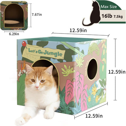 CHICHIPAWS Cardboard Cat Scratcher House with 2 Scratch Boards – Peekaboo Cave & Hideaway, Playhouse for Indoor Pets, Corrugated Scratching Cube for Kittens, Rest Box Bed with Catnip, Durable Fun5