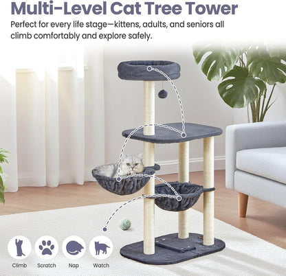Small Cat Tree Tower with Lots of Scratching Posts - 42 Inch Medium Compact Cats Scratch House with Hammock Perch for Multi Level 2 Kitty - Indoor Corner Cat Bed Condo Climbing Gym Towers Furniture6