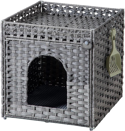 SETVSON Cat Litter Box Enclosure Furniture, Hidden Litter Box with Mat and Fence, Handwoven Rattan Cat House with Two S-Shaped Hooks for Living Room, Bedroom, 18.5 X 20.5 X 19.1 Inches (Natural)15