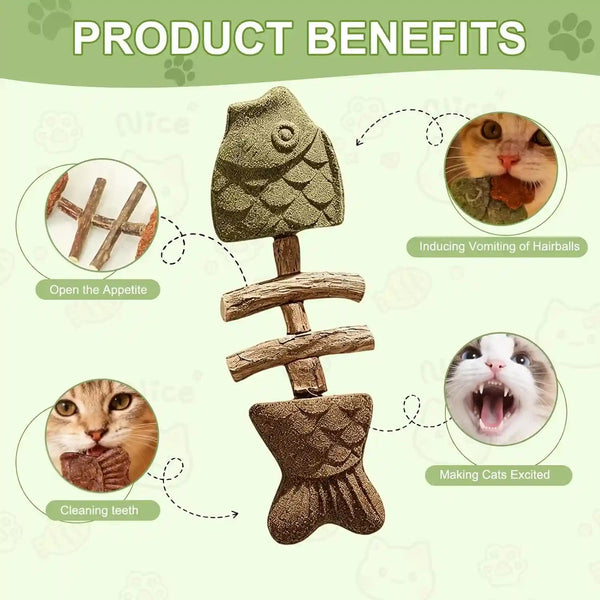 3Pcs Catnip and Silvervine Chew, Fishbone Cat Dental Chew Toy, Cat Chew Stick for Teething, Boredom Relief & Daily4