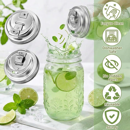 2 Pack Reusable Mason Jar Drinking Coffee Lids, Wide Mouth | SUS 304 Stainless Steel, Mason Jar Lids, Pour Spout, Metal Leak Proof Flip Caps, Iced, Smoothies & Cold Brew, Dishwasher7