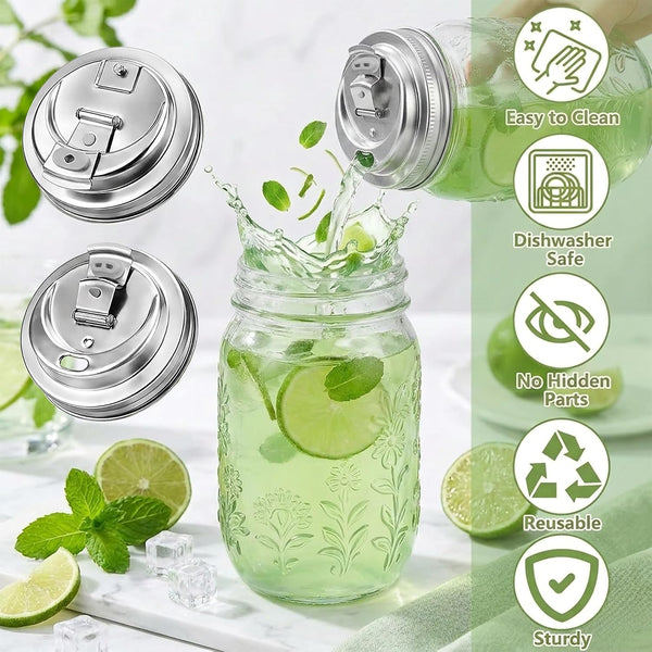 2 Pack Reusable Mason Jar Drinking Coffee Lids, Wide Mouth | SUS 304 Stainless Steel, Mason Jar Lids, Pour Spout, Metal Leak Proof Flip Caps, Iced, Smoothies & Cold Brew, Dishwasher7