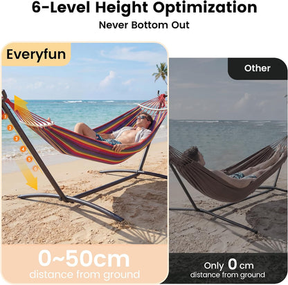 Double Hammock with Stand for 2 Person, 600 Lbs Heavy Duty Cotton Bed with Steel Stand, Free Standing for Outdoor Indoor Patio, Carrying Bag Included5
