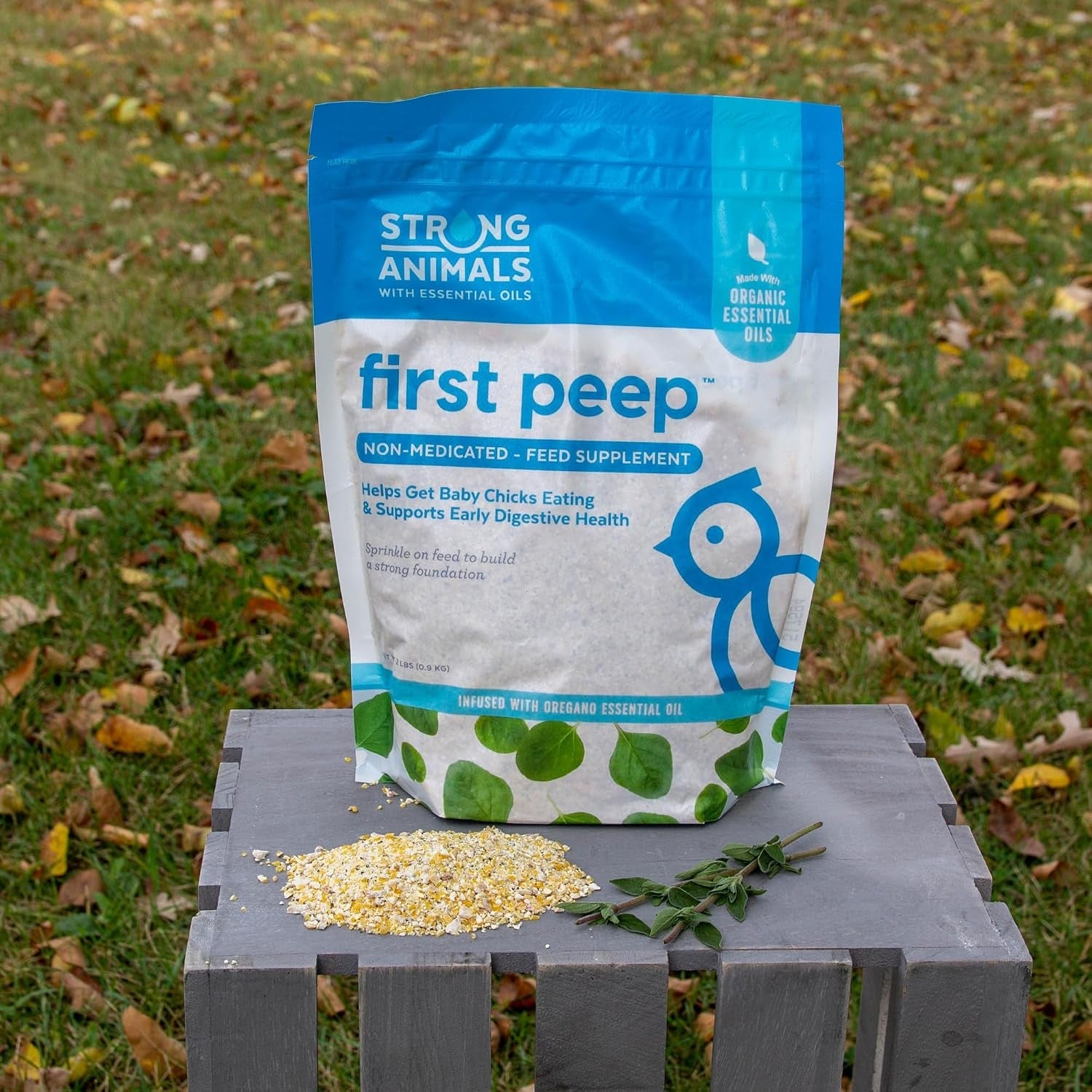first-peep-chick-feed-supplement-with-oregano-oil-2-lb-non-medicated-organic-oregano-oil-kelp-prebiotics-helps-chicks-start-eating-sooner-supports-early-digestive-health